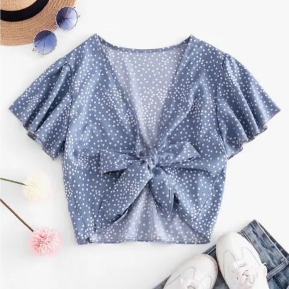 No Brand Tops - Tie Front Blue and White Dotted Cropped Blouse
